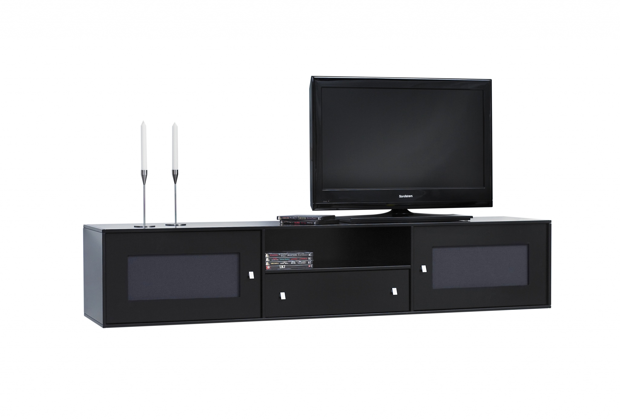 Square Reolen® TV-bord model 03, her vist i sort med stoflåger samt skuffe i midten.